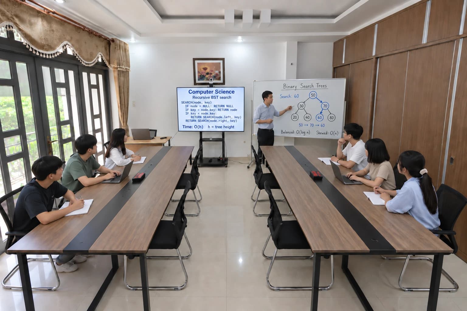 Lớp Computer Science với sáu học viên đang học về cây tìm kiếm nhị phân